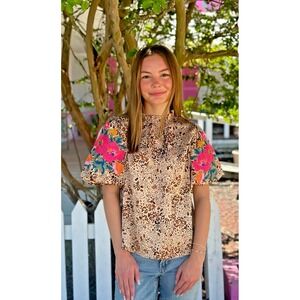 THML Size XS Avery Spotted Print Blouse Ruffle Neck Embroidered Floral Puff Slve